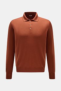Front view of Gran Sasso Fine knit polo rust brown, a long sleeve knit polo by BRAUN HAMBURG made from a luxurious blend of virgin wool, cashmere, and silk. It features a very soft feel, very fine knit, slim fit, signature polo shirt collar, smooth four-b