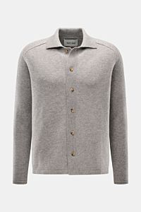 Front view of Soft Goat Cashmere cardigan grey, slim fit with turn-down collar, raglan sleeves, six-button placket, and wide ribbed bands, made from pure sustainable cashmere with a very soft feel and medium-fine knit. Sustainably produced and certifie