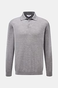 Front view of Malo Knit polo grey melange in soft, fine knit cashmere and silk blend with slim fit, dress-shirt collar, three-button placket, and ribbed bands.

Description:
An everyday essential: This soft knit polo by MALO is made of fine fabric in c