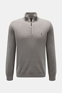 Polo Ralph Lauren Troyer grau meliert, frontale Ansicht, Slim Fit Rollkragenpullover aus reiner, softer Wolle mit Reißverschluss, Logo-Stitching, elastischen Bündchen.