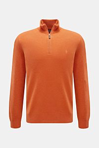 Polo Ralph Lauren Troyer orange, frontal fotografiert, Slim Fit, reine Wolle, weicher Griff, feines Strickbild, Rollkragen mit Reißverschluss, tonales Logo, elastische Rippbündchen.
