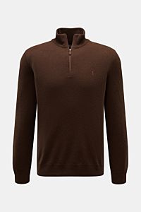 Polo Ralph Lauren Troyer dunkelbraun, Slim Fit, reine Wolle, weicher Griff, feines Strickbild, Rollkragen mit Reißverschluss, elastische Rippbündchen, frontale Ansicht.