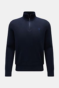Polo Ralph Lauren Troyer navy aus reiner Baumwolle, mittelfeines Strickbild, Regular Fit, Troyer-Kragen mit Reißverschluss, frontale Ansicht.