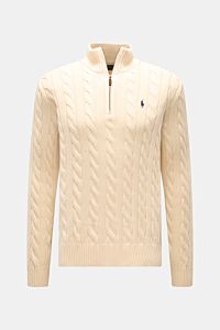 Polo Ralph Lauren Troyer creme, frontale Nahaufnahme, Zopfstrick aus reiner Baumwolle, Slim Fit, Troyer-Kragen mit Reißverschluss, Polospieler-Stitching, Rippbündchen, schwere Strickqualität, klassisches Preppy-Design.