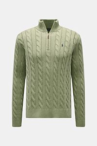 Polo Ralph Lauren Troyer mintgrün, Frontansicht, Zopfstrick aus reiner Baumwolle, Slim Fit, Troyer-Kragen mit Reißverschluss, Polospieler-Stitching.