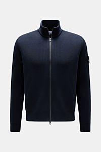 Front view of Stone Island Strickjacke 'Rib' navy with ribbed cotton knit, two-way zipper, stand collar, cuffed sleeves, and compass badge on upper arm.