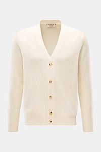 Fioroni Cashmere cardigan cream shown from the front, slim fit with pure cashmere, soft feel, fine knit, smooth button placket, and flexible ribbed bands. Exquisite craftsmanship from Italy: this cardigan by FIORONI is precisely made from fine material in
