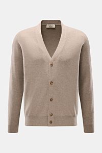 Front view of Fioroni Cashmere cardigan taupe mottled, made from pure baby cashmere with a fine knit, slim fit, smooth button placket, and flexible ribbed bands, showcasing exquisite Italian craftsmanship.