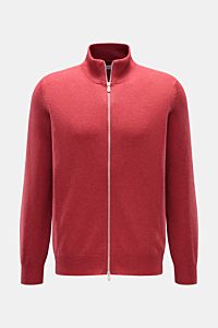 Front view of Brunello Cucinelli Cashmere Strickjacke hellrot, a soft, regular fit, light red cashmere cardigan with fine knit, narrow contrast edges at cuffs, two-way zipper, standing collar, and flexible ribbed cuffs.

Luxus für die Freizeitgarderobe