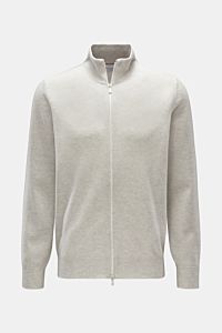 Front view of Brunello Cucinelli Cashmere Strickjacke hellgrau meliert, a light grey melange zip-up cardigan with a stand-up collar, slim contrast cuffs, and fine knit texture.

Luxus für die Freizeitgarderobe bietet BRUNELLO CUCINELLI mit dieser Stric