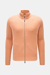 Iris von Arnim Cashmere Strickjacke 'Avenor' apricot shown front view, slim fit with stand collar, zip, rib cuffs, and voluminous patent knit. Kompromisslose Strickqualität – made to last: Die legere Strickjacke 'Avenor' vom renommierten Hamburger Labe