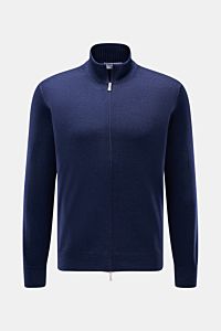 Gran Sasso Strickjacke dunkelblau meliert, Frontansicht mit Stehkragen, zwei-Wege-Reißverschluss, Regular Fit, aus weicher reiner Schurwolle.
