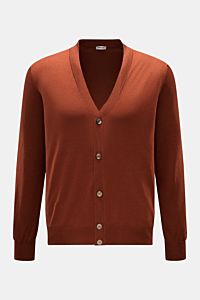 BRAUN Hamburg Cardigan rostbraun, Slim Fit, V-Ausschnitt, Fünf-Knopf-Leiste, feiner Strick aus Schurwolle, Cashmere, Seide, vorne fotografiert.
