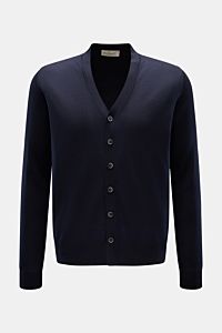Front view of Bruno Manetti Cashmere-silk cardigan navy, a fine knit with V-neck, six-button placket, ribbed bands, regular fit, soft cashmere and silk blend. Luxury you can feel on your skin with timeless elegance.
