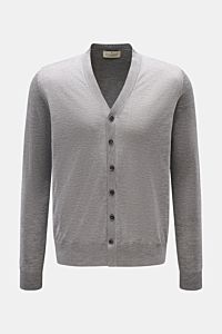 Front view of Bruno Manetti Cashmere-silk cardigan grey mottled, a fine knit with V-neck, six-button placket, ribbed bands, regular fit, soft cashmere and silk blend. Luxury you can feel on your skin: This fine knit cardigan by BRUNO MANETTI has an except