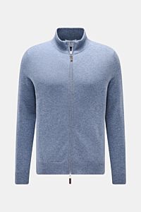 FTC Cashmere Strickjacke rauchblau meliert, Frontansicht, Slim Fit, Fair-Trade-Cashmere, OEKO-TEX®, feines Strickbild, weicher Griff, Stehkragen, Zwei-Wege-Reißverschluss mit Leder-Logo, flexible Rippbündchen.