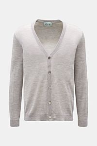Front view of the FTC Cardigan grey melange, a slim fit, very fine knit V-neck cardigan with five-button placket and ribbed bands.

This luxurious cardigan by eco-friendly knitwear label FTC is a soft knitwear essential made of fair trade cashmere in a