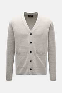 Front view of Filippo de Laurentiis Cardigan grau meliert in light gray, featuring a linen-cotton mix, soft texture, fine knit, regular fit, five-button placket, patch hip pockets, and ribbed cuffs. Stylisch ohne viel Aufwand: Mit seinem leichten Material