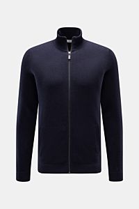 von Braun Cashmere Strickjacke navy, Slim Fit, aus weichem reinem mongolischem Cashmere, Stehkragen, Reißverschluss, schräge Leistentaschen, Rippbündchen, frontal fotografiert.