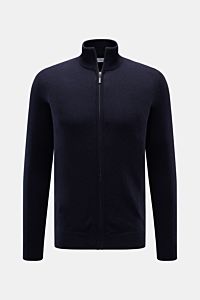 von Braun Cashmere Strickjacke navy, Slim Fit, Stehkragen, Reißverschluss, weicher Griff, feines Strickbild, Rippbündchen, Frontansicht, reiner mongolischer Cashmere.