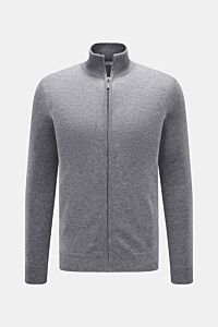 von Braun Cashmere Strickjacke grau meliert in Slim Fit, Frontansicht mit Reißverschluss, Stehkragen, weichem Griff, feinem Strickbild, Rippbündchen, reiner Cashmere.