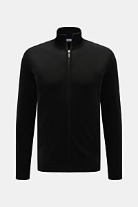 von Braun Cashmere Strickjacke schwarz, frontal fotografiert, Slim Fit mit Reißverschluss, Stehkragen, weichem Griff und feinem Strickbild, komfortable Rippbündchen, reiner mongolischer Cashmere, edles Layering-Piece für Herbst und Winter.