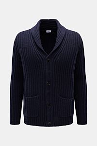 Front view of von Braun Cashmere cardigan navy in a slim fit, chunky brioche stitch knit with shawl collar, four-button placket, and two front pockets, made from pure Mongolian cashmere with a soft feel. How about a less chunky knit? This cardigan in brio