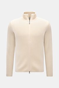 von Braun Cashmere Strickjacke offwhite aus mongolischem Cashmere, Slim Fit, Patentstrick, Zwei-Wege-Reißverschluss, hoch schließender Kragen, frontale Perspektive