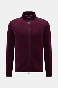 von Braun Cashmere Strickjacke bordeaux in Slim Fit, Frontansicht, hoher Kragen, Zwei-Wege-Reißverschluss, weicher mongolischer Cashmere, Patentstrick, mittelfeines Strickbild, Rippbündchen.