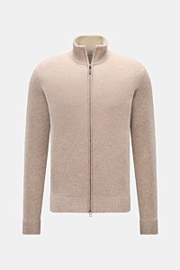 von Braun Cashmere Strickjacke beige meliert, Slim Fit mit hoch schließendem Kragen, Zwei-Wege-Reißverschluss, edler Strukturstrick, Frontansicht, weicher Griff, mongolischer Cashmere.