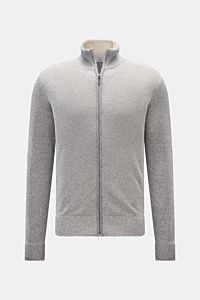 von Braun Cashmere Strickjacke grau meliert, frontale Ansicht, Slim Fit Strukturstrick mit Zwei-Wege-Reißverschluss, hohem Kragen, Rippbündchen, mongolischer Cashmere, weicher Griff, edler Freizeitlook