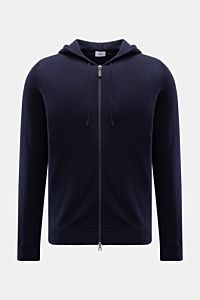 von Braun Cashmere Strickjacke navy in Slim Fit, frontale Ansicht, mit Kapuze, Zwei-Wege-Reißverschluss, weichem mongolischem Cashmere, Rippbündchen, feinem Strickbild.
