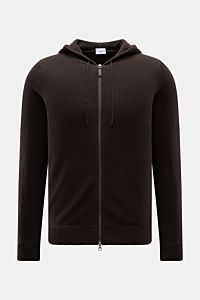 von Braun Cashmere Strickjacke dunkelbraun, frontale Ansicht, mit Kapuze, Tunnelzug, Zwei-Wege-Reißverschluss, Slim Fit, weichem Griff, feinem Strickbild, Rippbündchen, reiner mongolischer Cashmere.