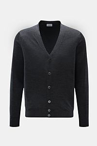 Front view of von Braun Merino cardigan anthracite mottled in pure merino wool, soft feel, very fine knit, regular fit, five-button placket with mother-of-pearl buttons, elasticated ribbed bands; fine knit transitional basic, perfect for office wardrobe.