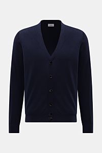 Front view of von Braun Merino cardigan navy in fine knit pure merino wool, soft feel, regular fit, five mother-of-pearl buttons, elasticated ribbed bands.