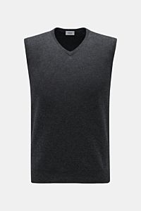 Front view of von Braun Cashmere slipover dark grey, a slim fit V-neck sweater vest made of pure Mongolian cashmere with elasticated ribbed bands. Soft layering piece: This VON BRAUN sweater vest is made of pure Mongolian cashmere to create a very soft, w