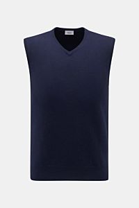 Front view of von Braun Cashmere Pullunder navy, a sleeveless, slim fit layering piece made of pure, soft Mongolian cashmere with fine knit and elastic ribbed cuffs. Geschmeidiges Layering-Piece: Der VON BRAUN Pullunder wurde aus reinem Cashmere gefert