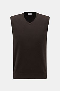 Front view of von Braun Cashmere sweater vest dark brown, a soft layering piece made of pure Mongolian cashmere with a fine knit, slim fit, and elasticated ribbed bands. 

Soft layering piece: This VON BRAUN sweater vest is made of pure Mongolian cashm