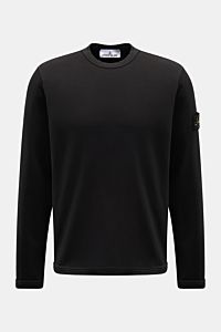 Stone Island Rundhalspullover schwarz, frontale Ansicht, reine Baumwolle, strukturierte Jersey-Qualität, Overlock-Nähte, Kompass-Badge am Oberarm, elastische Bündchen.