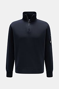 Front view of C.P. Company Sweat-Troyer navy in lightweight pure cotton with a zip-up collar and lens detail on the upper arm pocket.