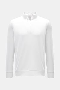 Front view of the Stefan Brandt Sweat-Troyer 'Joar' weiß, a white long-sleeve sweatshirt with a standing collar and zipper. Luxus, den man spürt: Selbst ein Basic wie der Sweat-Troyer 'Joar' wird bei 
