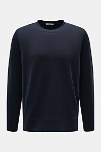 Front view of Stefan Brandt Sweatshirt 'Edwin' navy, a simple, navy blue crewneck sweatshirt made of pure Pima cotton with a soft, smooth feel, regular fit, and comfortable cuffs, showcasing luxury comfort and quality. Luxus, den man spürt: Selbst ein 