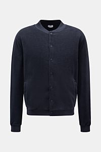 Front view of 04651/ A trip in a bag Fleece blouson navy, pure cotton fleece with soft feel, slim fit, snap button placket, signature rib knit blouson collar, angled hip pockets, comfortable ribbed bands, and woven label in side seam.