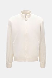 Front view of 04651/ A trip in a bag Sweat jacket 'IF Track' off-white made of super soft cotton jersey with zip, high collar, and slanted pockets.