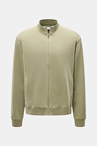 Front view of the 04651/ A trip in a bag Sweat jacket 'IF Track' sage in soft, stretchy cotton jersey with zip, high collar, and slanted pockets.

Relaxation on the move: The sweat jacket 'IF Track' by 04651/ A TRIP IN A BAG is made of super soft cotto