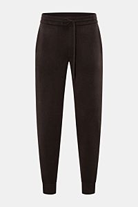 von Braun Cashmere Jogpants dunkelbraun, frontale Ansicht, weiche, wärmende Jogpants aus reinem mongolischem Cashmere mit Tapered Fit, hohem Bund, elastischem Tunnelzug, angedeutetem Eingriff, schrägen Hüft- und Leistentaschen.