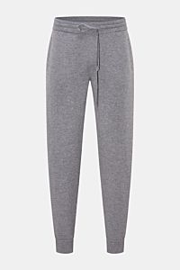 von Braun Cashmere Jogpants grau meliert, frontale Ansicht, weiche, wärmende Jogpants aus reinem Cashmere mit hohem Bund, Tunnelzug, schmal zulaufend, Hüft- und Gesäßtaschen, Tapered Fit, softer Griff.