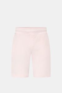Frontale Nahaufnahme der 04651/ A trip in a bag Frottee-Shorts 'Terry' rosé aus weichem, reiner Baumwoll-Frottee, Regular Fit mit elastischem Bund, französischen Taschen und Leistentasche am Gesäß.