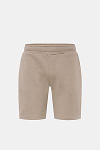 Frontansicht der 04651/ A trip in a bag Sweat-Shorts 'CL' taupe aus Bio-Baumwolle und Leinen mit elastischem Bund, Tunnelzug und Taschen.