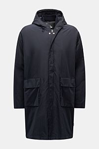 Front view of 04651/ A trip in a bag Parka 'The Triple' navy, lightweight microfibre with detachable gilet, zip, storm flap, hood, and patch pockets.